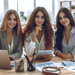 Many women with elegant and luxurious suits sitting office room at a table art attractive lively.