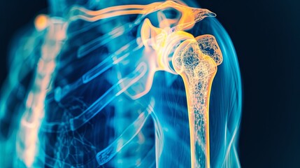 An X-ray of a shoulder joint in blue and yellow colors