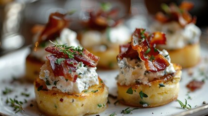 Wall Mural - Appetizers of polenta topped with herbed ricotta and bacon