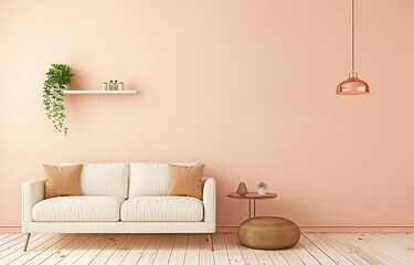 interior design,ranquil Living Room with Soft Pink Walls, White Wood Flooring, and Inviting Sofa 3d rendering	
