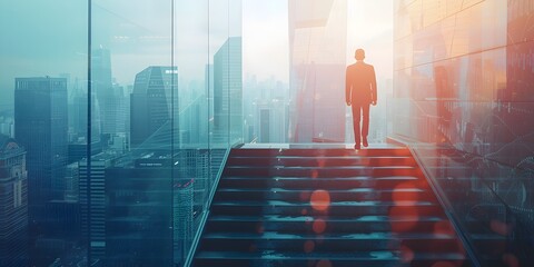 Wall Mural - The successful businessman stepping up the staircase overlooking the bustling corporate cityscape reaching new heights in his and influence