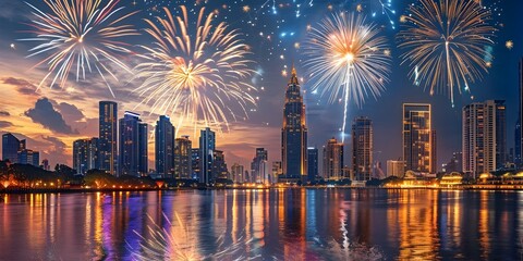 Sticker - Dazzling Fireworks Light Up the Vibrant Cityscape in a Stunning Nighttime Panorama