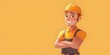 A friendly and approachable electrician character dressed in a blue uniform and cap stands with his arms crossed and a warm smile