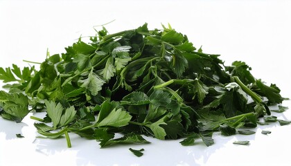 Wall Mural - Fresh green chopped parsley leaves isolated on white background