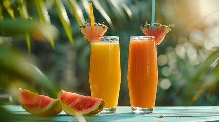 Poster - a couple of glasses of juice sitting on top of a table