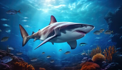 Wall Mural - Great white shark in the ocean, portrait of White shark hunting prey in the underwater