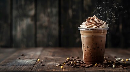 Frappuccino in takeaway cup on wooden table isolated on blackFrappuccino in takeaway cup on wooden table