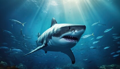 Wall Mural - Great white shark in the ocean, portrait of White shark hunting prey in the underwater