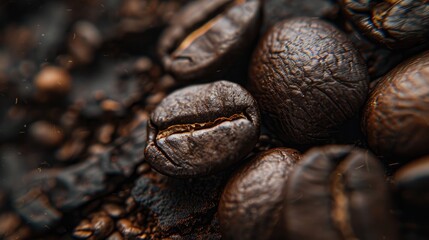 Canvas Print - Close up of coffee beans on a dark textured background