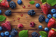 Variety of fresh berries with dewdrops on a rustic wooden table, backlit with soft light