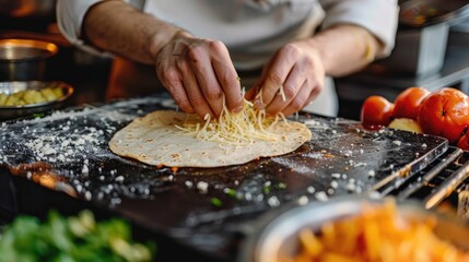 Wall Mural - Chef adds cheese to a tortilla to make a quesadilla on a black grill