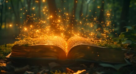 Magical book open in a forest clearing casting spells