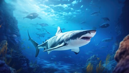 Wall Mural - Great white shark in the ocean, portrait of White shark hunting prey in the underwater