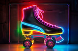 3d render illustration of a neon roller skate with pink laces is shown in a dark room with rainbow colors