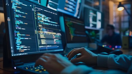 Cutting-Edge Tech Professional Coding Vibrant UIUX Designs on Dual Monitors