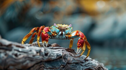 Wall Mural - Crab with red shell and yellow legs perched on driftwood positioned as the focal point against a blurred background
