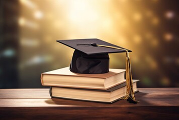 Wall Mural - Graduation cap and books on wooden table against defocused lights background