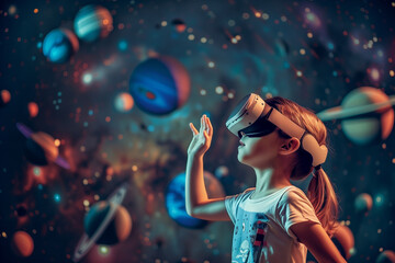 Child girl wearing virtual reality headset and looking solar system with sun and planets. Technology concept.