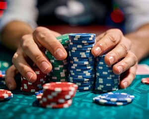 Meticulously Stacked Poker Chips on Casino Table as Player Prepares for the Next Play