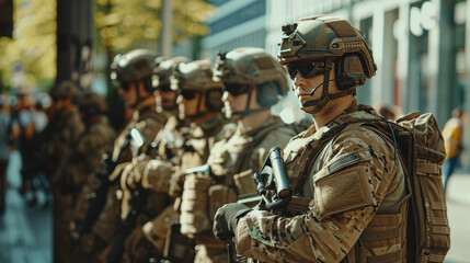 Wall Mural - Soldiers in Uniform and Tactical Equipment Standing Alert - Demonstration of Military. Armed Personnel in Helmets and Body Armor on City Street.