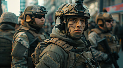 Wall Mural - Soldiers in Uniform and Tactical Equipment Standing Alert - Demonstration of Military. Armed Personnel in Helmets and Body Armor on City Street.