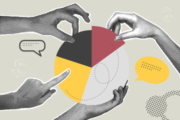 Trendy halftone collage business concept.Teamwork.Illustration of analytics,market research,kbusiness report,planning,.Vector illustration of web banner,social media banner.