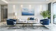 © rui - interior design,Contemporary Living Room Interior with Blue and White Decor 3d rendering