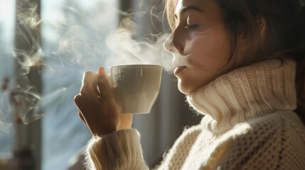 Wall Mural - Woman savors aroma of hot coffee, holding cup, wearing white turtleneck, closeup side profile portrait