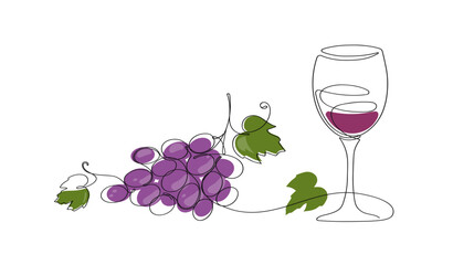 Continuous one line of wine glass with grape bunch on white background. Vine. Hand drawn minimalistic design.