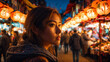 Curious woman exploring a bustling night market lanterns glowing street food sizzling vibrant neon signs