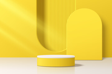 Wall Mural - 3D round product podium yellow background with arch window and white floor. Abstract composition in minimal design. 3D studio showroom product pedestal, Fashion showcase mockup scene. Banner cosmetic.