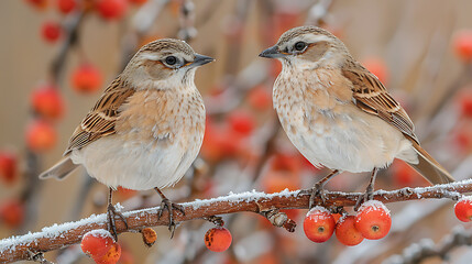 Two bright birds perched on snow-covered branch of red plum, pine forest, pine trees,