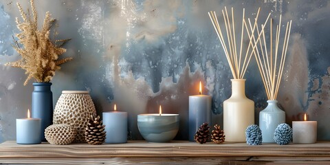 Canvas Print - Cozy Winter Home Fragrance Display with Candles Diffusers and Natural Accents