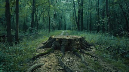 Canvas Print - As a man journeys through the forest he leaves a trail behind him but with a heavy toll on nature and the delicate ecology The act of cutting down trees not only harms the environment but a