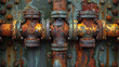 a horizontal view of a system of rusty leaky old pipes,generative ai