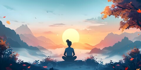 Wall Mural - Spiritual Silhouette Meditation in Serene Mountain Landscape at Sunset