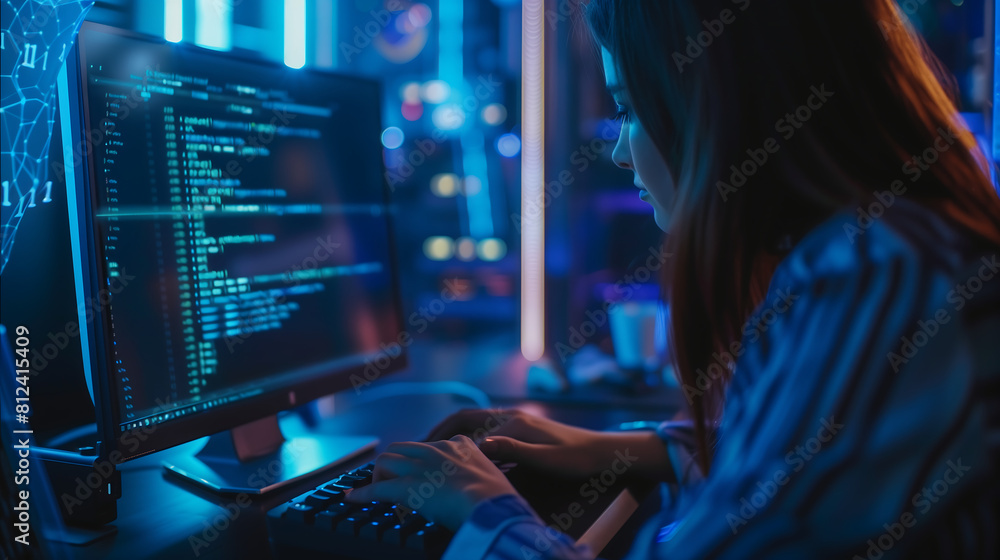 women programmer writing code on her computer at night, working in her ...