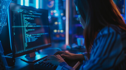  women programmer writing code on her computer at night, working in her office with blue light and a dark background