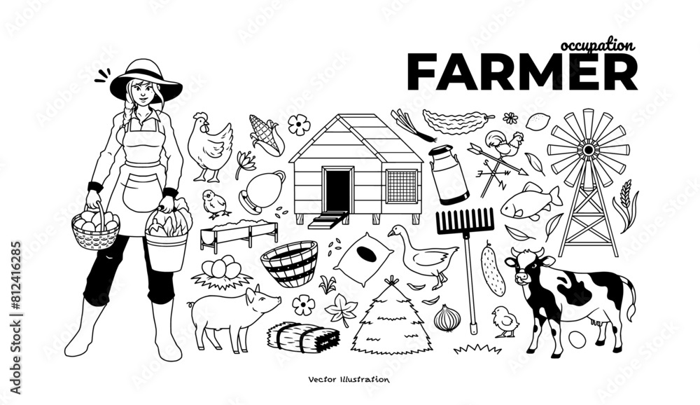 Set of black&white hand drawn happy farmer woman and organic farm ...