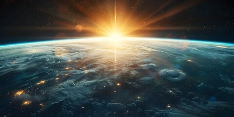Wall Mural - breathtaking cosmic panorama of earth s orbital skyline at sunrise or sunset