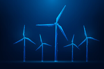 windmill clean energy low poly wireframe on blue background. sustainable and renewable energy. vecto