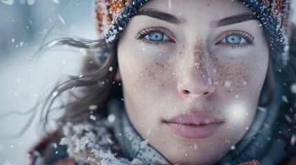 Wall Mural - The close up picture of the person looking at the camera with the white snow background in the middle of the snowy ice field, the skill require for ice field are fitness, ice safety knowledge. AIG43.