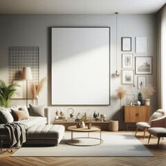 Wall Mural - A living room with a template mockup poster empty white and with a large poster on the wall art photo attractive lively.