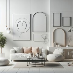 Wall Mural - A living room with a template mockup poster empty white and with white furniture and a table image art lively.