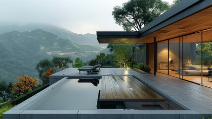 Wall Mural - Modern wooden house with large windows overlooking the valley. Floors are wooden floors, surrounded by concrete pavilions, Zen-style gardens, minimalist design. Generative AI.