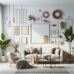 Wall Mural - living room with a template mockup poster empty white and With Couch And Plants standardscalex image art realistic lively.