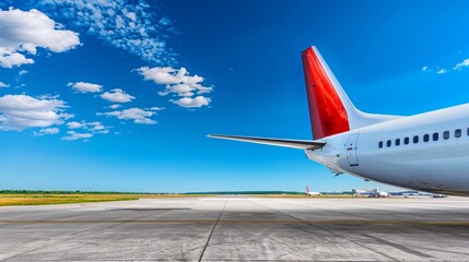 Bustling airport  white and red airplane tail poised for adventure under clear blue sky