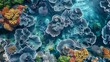 A vibrant coral reef from above, where the natural forms and colors abstractly recall cow skin patterns. Generative AI.