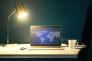 Wall Mural - abstract graphic world map on modern laptop screen, connection and communication concept. 3d renderi