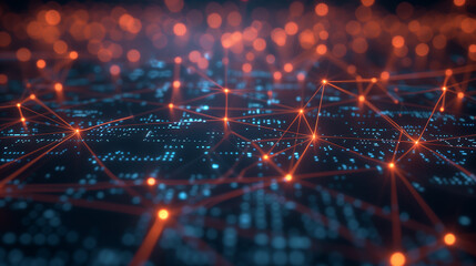 Abstract digital network background with glowing connections and nodes in orange and blue colors. Big data technology concept